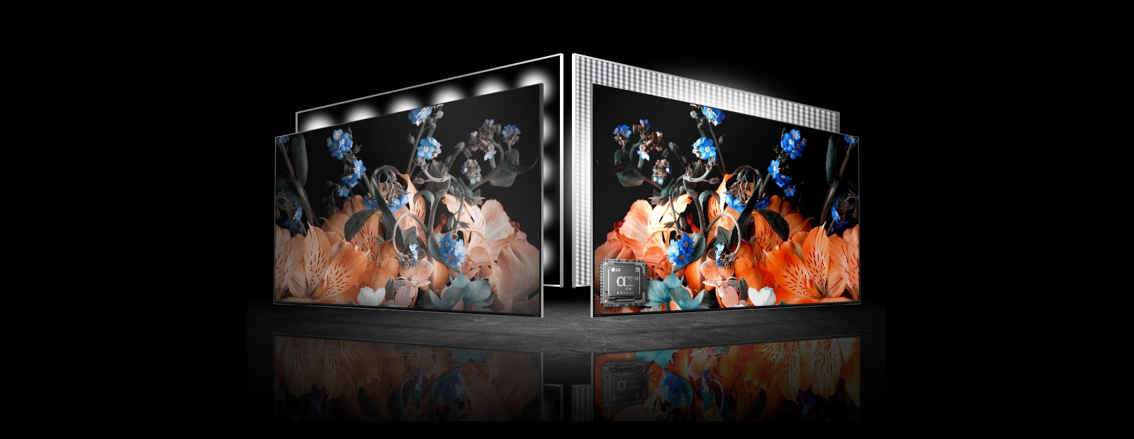 There are two TV screens – one on left another on right. There are same images of a colorful crystal on each TV. An image on left is a bit pale while an image on right is very vivid. There is a processor chip image on left bottom corner of a TV on right image.